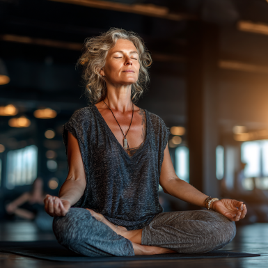 Група людей зрілого віку виконує вправи йоги